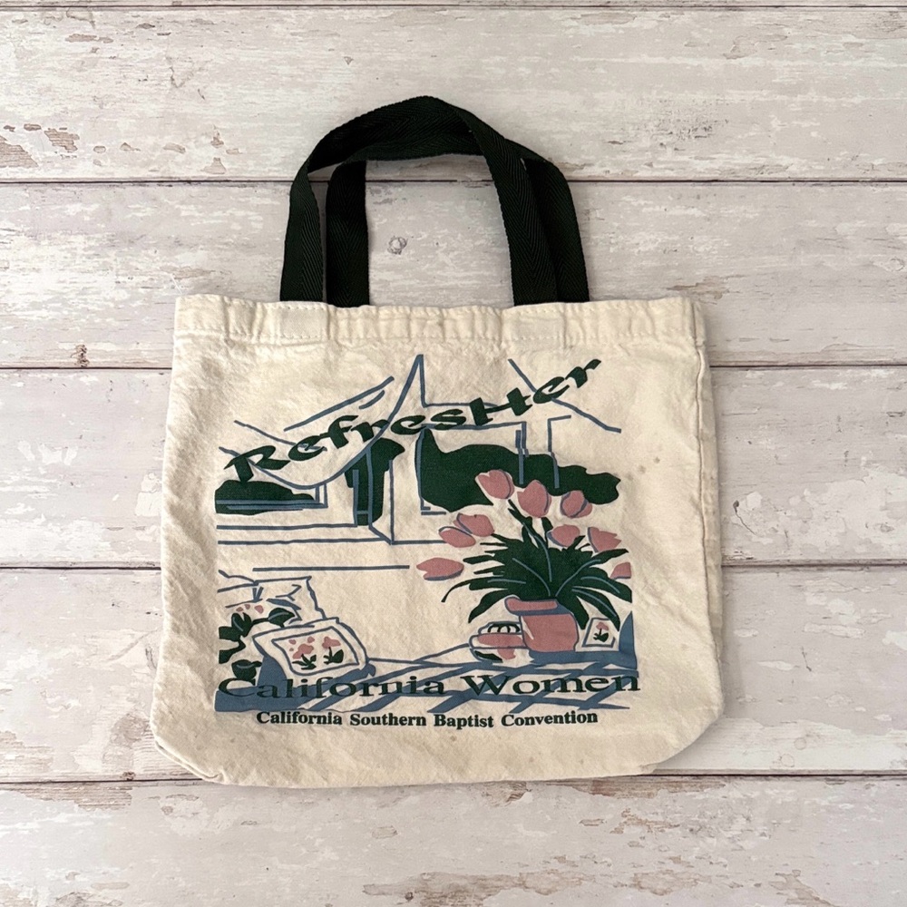 Vintage Tote Bag Canvas Body Green Handles 13x11in Womens Bags Southern Baptist